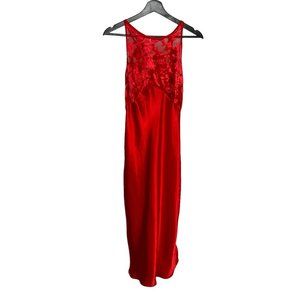 Vintage 90s Val Mode Red Velvet Floral Satin Sleeveless Full Length Nightgown Me